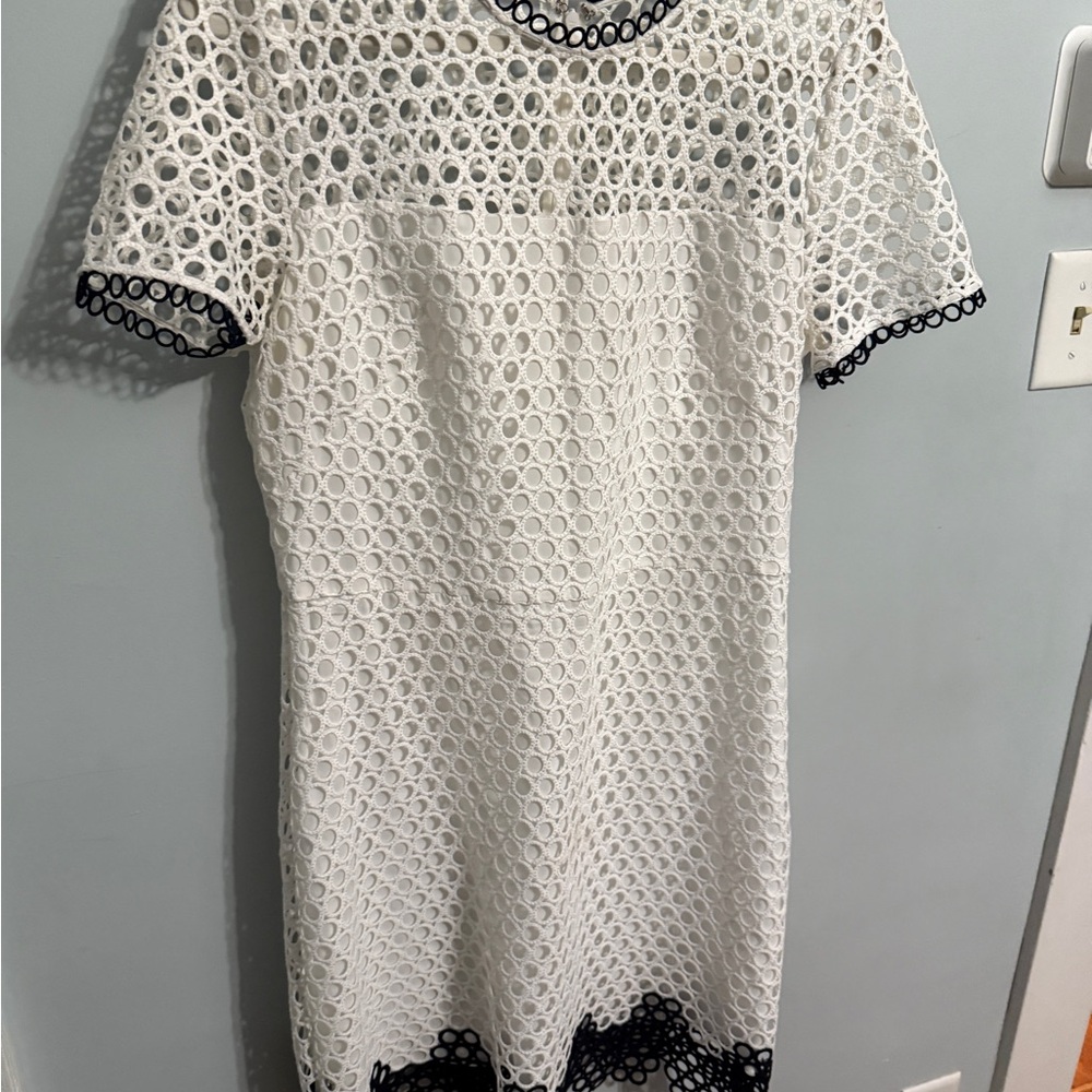 Shoshanna Geo Lace Carter Dress in White and Navy